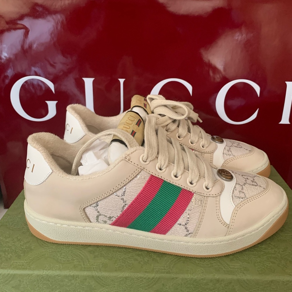 Gucci Beige Sneakers with Red and Green Stripes